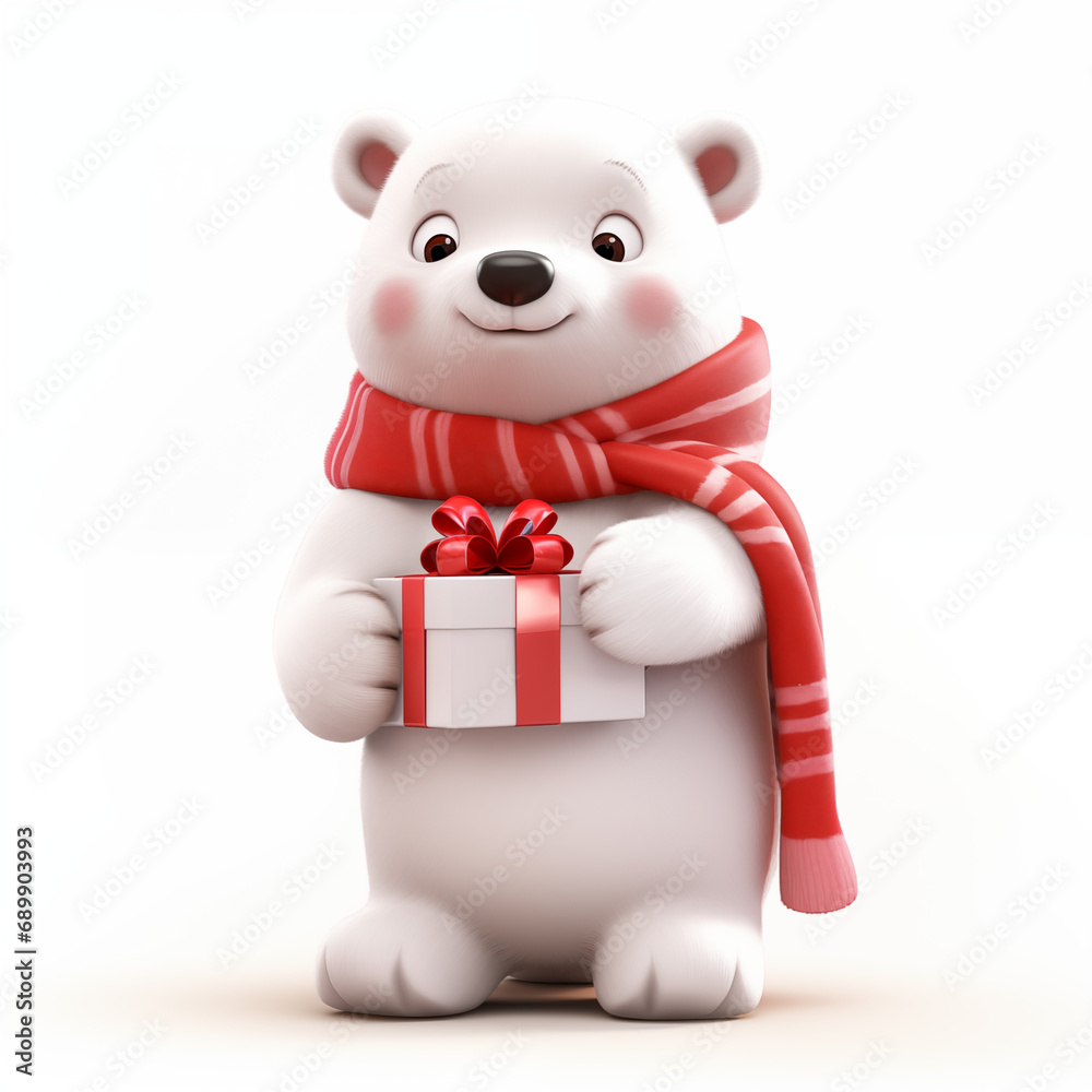 White cute polar bear cub in warm knitted scarf with red present box isolated on white background. Merry Christmas and happy New Year. Character 3d illustration for card, banner, poster, flyer design White cute polar bear cub in warm knitted scarf with red present box isolated on white background. Merry Christmas and happy New Year. Character 3d illustration for card, banner, poster, flyer design