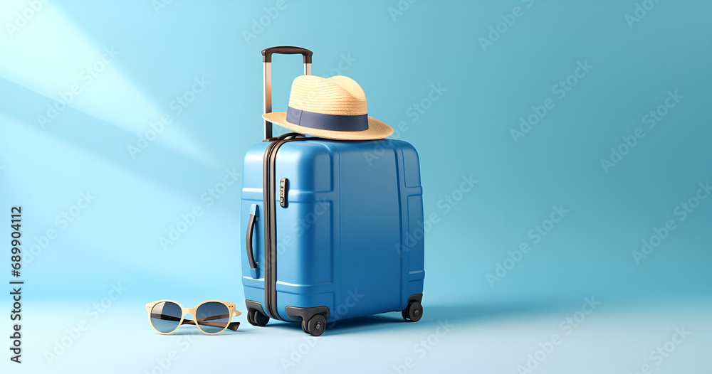 Blue suitcase with sun glasses, hat and camera on pastel blue background. travel concept minimal.