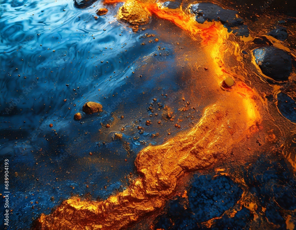 Obraz premium Textura de Magma artística, dinámica con oro líquido, contraste visual para recursos gráficos, banners, wallpapers, fondos de pantalla