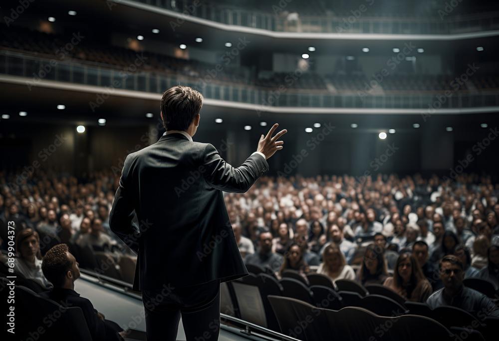 Back view of Man in business suit giving a speech on the stage in front of the audience Back view of Man in business suit giving a speech on the stage in front of the audience
