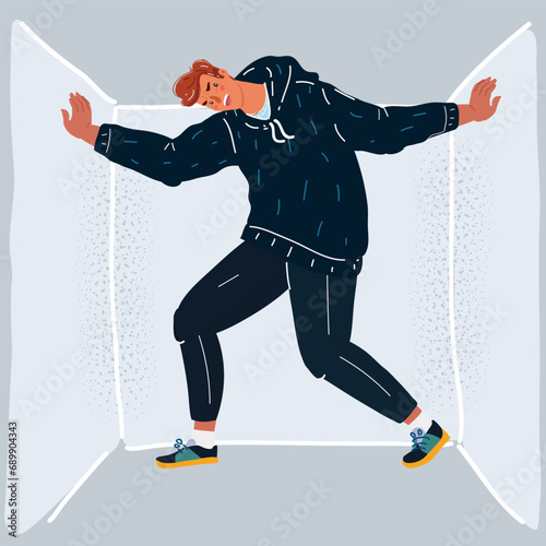 Angry man struggling pushing walls of pressing office cubicle.