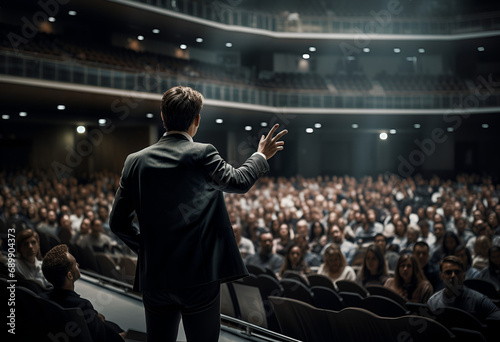 Back view of Man in business suit giving a speech on the stage in front of the audience