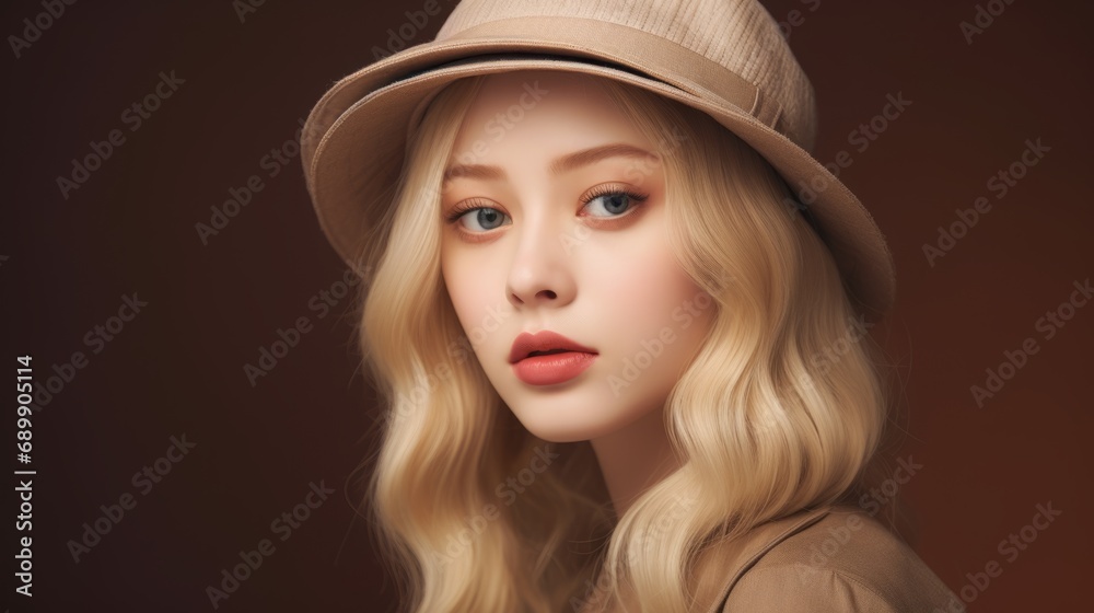 Fototapeta premium Photorealistic Teen Chinese Woman with Blond Straight Hair Vintage Illustration. Portrait of a person wearing hat, retro 20s movie style. Retro fashion. Ai Generated Horizontal Illustration.