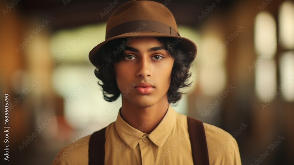 Photorealistic Teen Indian Man with Brown Straight Hair Vintage Illustration. Portrait of a person wearing hat, retro 20s movie style. Retro fashion. Ai Generated Horizontal Illustration.
