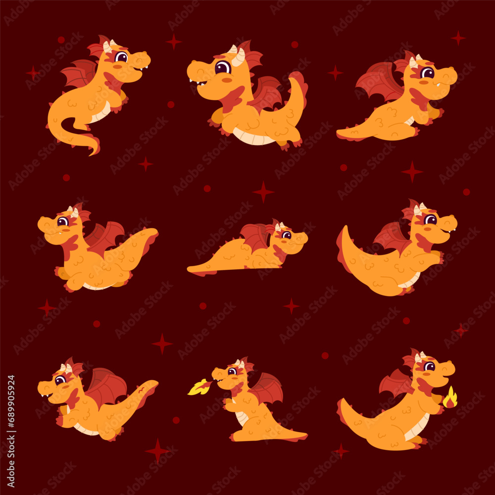 Cute Dragon Character Icon Set