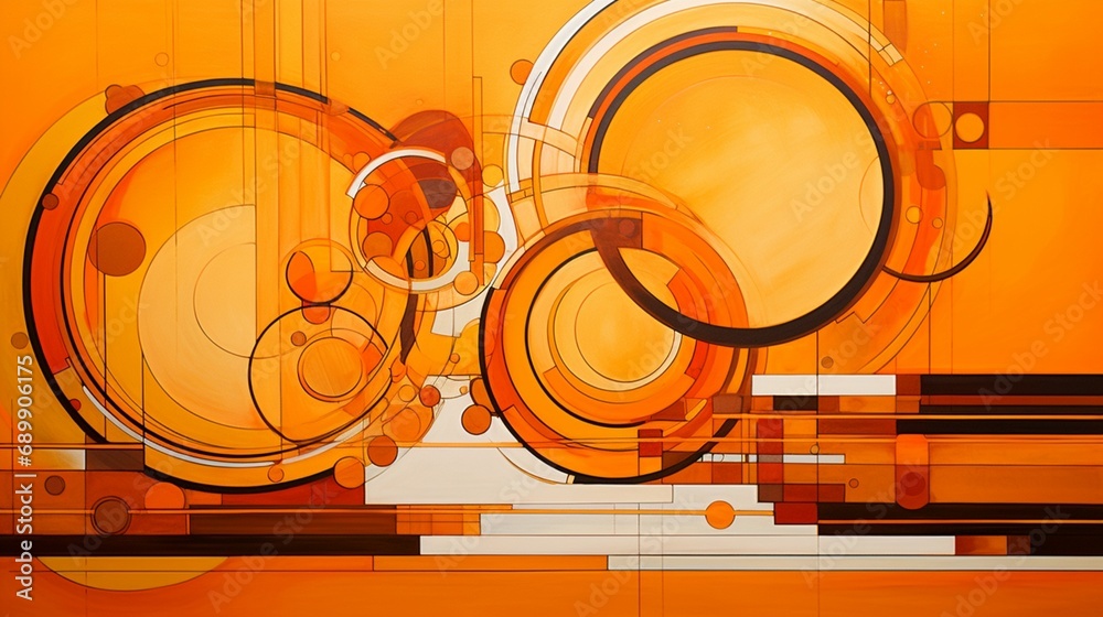 Ethereal orange circles and swirl lines paint the future. Explore modern geometry and technology.