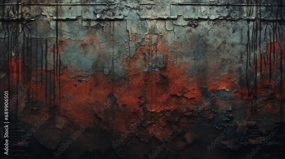 the eerie depths of an other-colored background with a crushed, broken, and damaged surface. This chilling horror scene, set against a grungy concrete wall