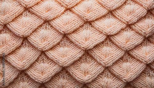 Handmade knitting wool texture in Peach Fuzz colors, background with selective focus and copy space