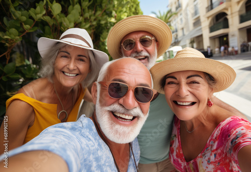 Happy group of senior people taking selfie and smiling at the camera on summer vacation.