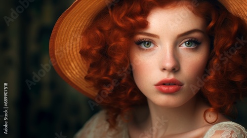 Photorealistic Teen Persian Woman with Red Curly Hair Vintage Illustration. Portrait of a person wearing hat, retro 20s movie style. Retro fashion. Ai Generated Horizontal Illustration.