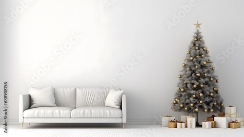 Living room interior wall mock up with white armchari and decorated christmas tree on empty white background.
