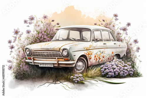 A retro car stands among blooming flowers. Watercolor style. photo