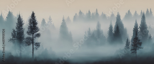Mystical Morning: Aerial View of Fog-Enveloped Forest and Mountain Landscape