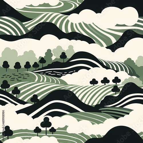 Seamless Pattern with minimalistic painting of hills, clouds, trees and fields with stripes in black, green and white colors. Repeating Background Pattern in Flat Design Style