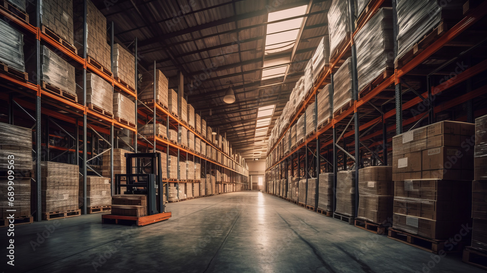 Retail warehouse full of shelves with goods in cartons, with pallets and forklifts. Logistics and transportation blurred background. Product distribution center. Warehouse concept. Delivery concept.