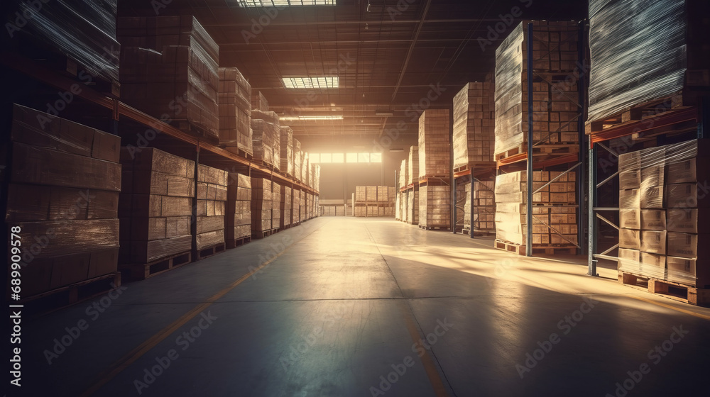 Retail warehouse full of shelves with goods in cartons, with pallets and forklifts. Logistics and transportation blurred background. Product distribution center. Warehouse concept. Delivery concept.