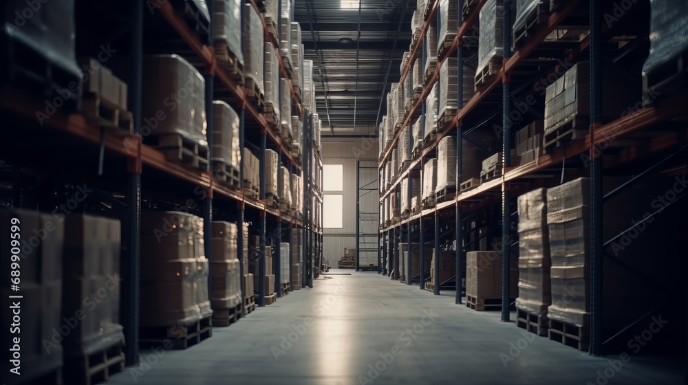 Retail warehouse full of shelves with goods in cartons, with pallets and forklifts. Logistics and transportation blurred background. Product distribution center. Warehouse concept. Delivery concept. Retail warehouse full of shelves with goods in cartons, with pallets and forklifts. Logistics and transportation blurred background. Product distribution center. Warehouse concept. Delivery concept.