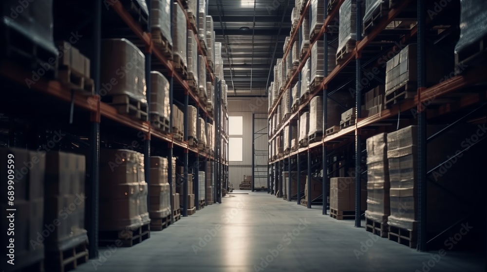 Retail warehouse full of shelves with goods in cartons, with pallets and forklifts. Logistics and transportation blurred background. Product distribution center. Warehouse concept. Delivery concept.