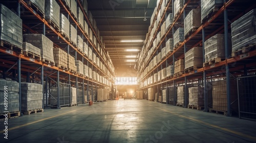 Retail warehouse full of shelves with goods in cartons, with pallets and forklifts. Logistics and transportation blurred background. Product distribution center. Warehouse concept. Delivery concept. © IC Production