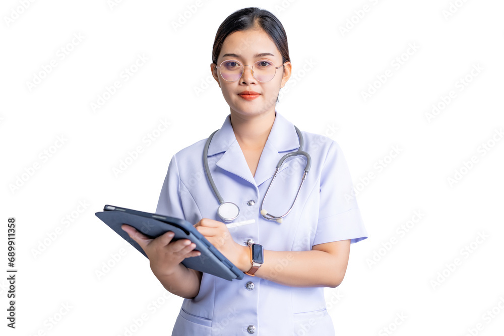 Portrait of confident Asian Doctor in glasses with stethoscope on her shoulder using a digital tablet isolated on white background. Portrait of confident Asian Doctor in glasses with stethoscope on her shoulder using a digital tablet isolated on white background.