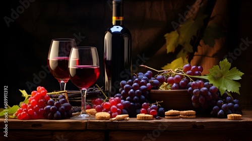 glass of wine and grapes, winemaking concept, old winery