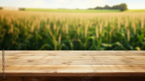  Corn field wooden brown table top with blur background of corn field. Exuberant image.
 photo