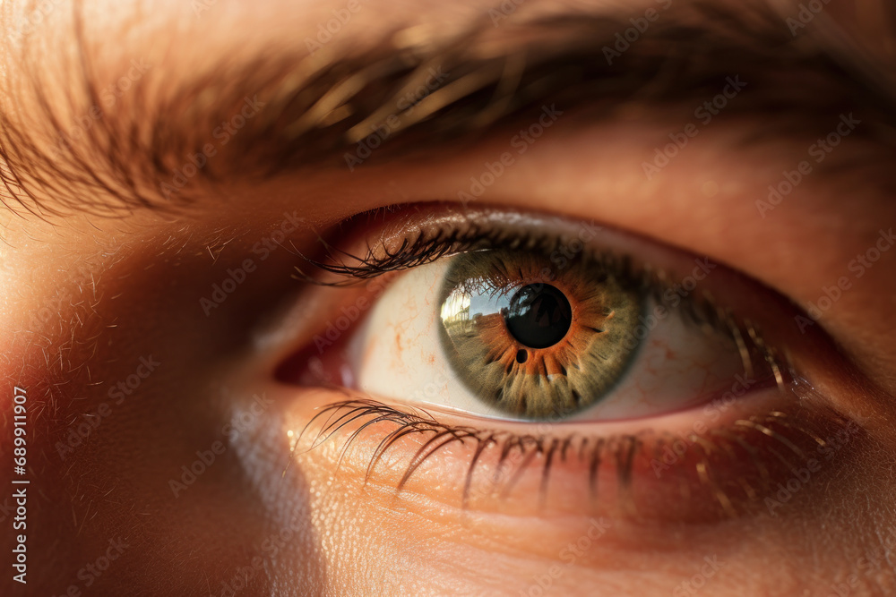 Fototapeta premium A close-up of a person's eyes, the pastel backdrop intensifying the emotional depth and sincerity of their gaze. Concept of soulful connection and vulnerability. Generative Ai.