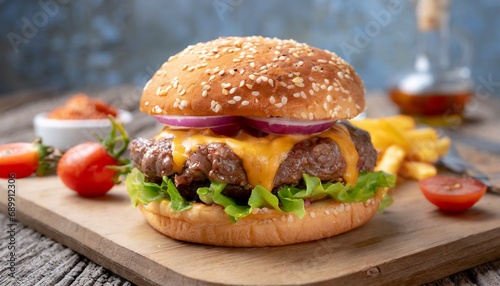 Close-up home made beef burger on wooden table 