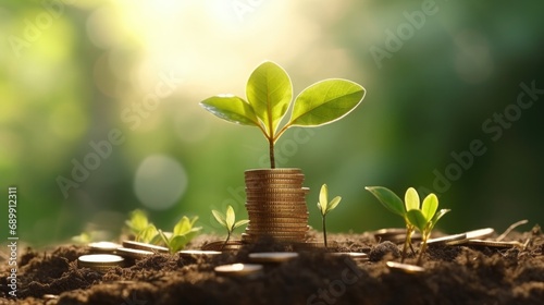 Image of a cute girl putting coins into a jar. Green forest background with morning light bokeh.