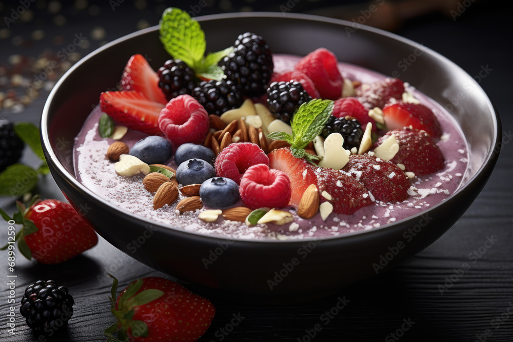 A nutrient-packed smoothie bowl adorned with fresh berries and seeds, exemplifying the art of creating visually appealing and nourishing meals. Concept of vibrant nourishment. Generative Ai.