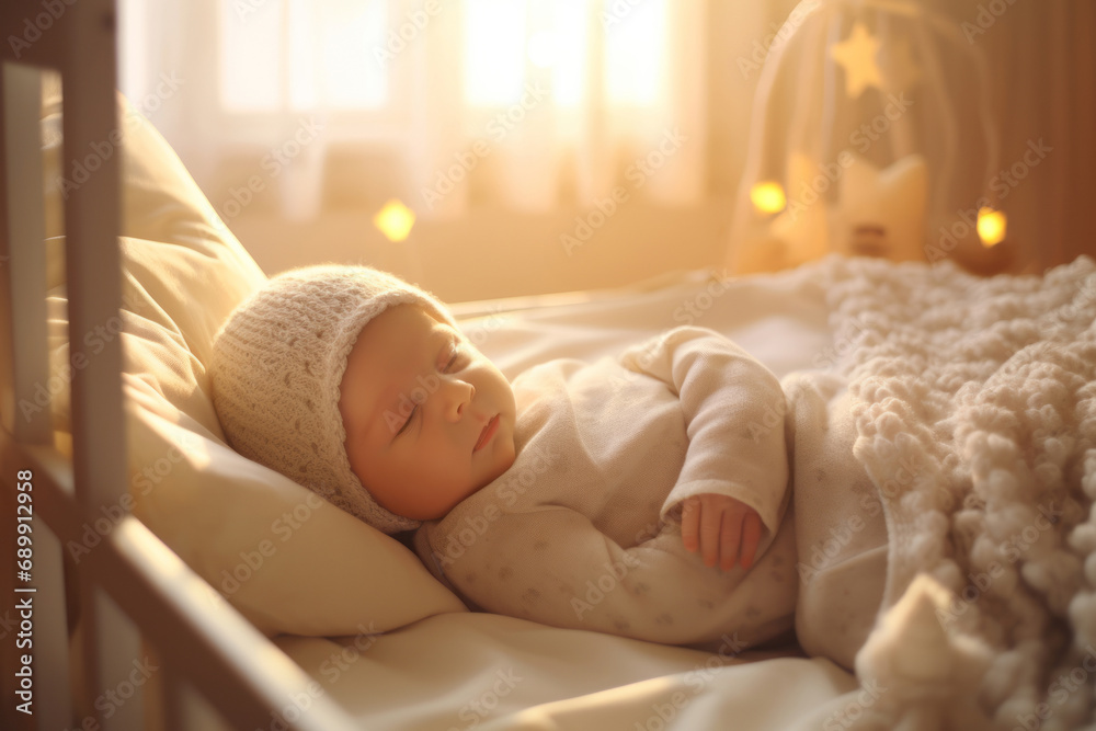 Little baby sleeping wrapped in cozy soft blankets in its bed. Newborn having a nap on sunny morning. Healthy sleep for small children. - obrazy, fototapety, plakaty 