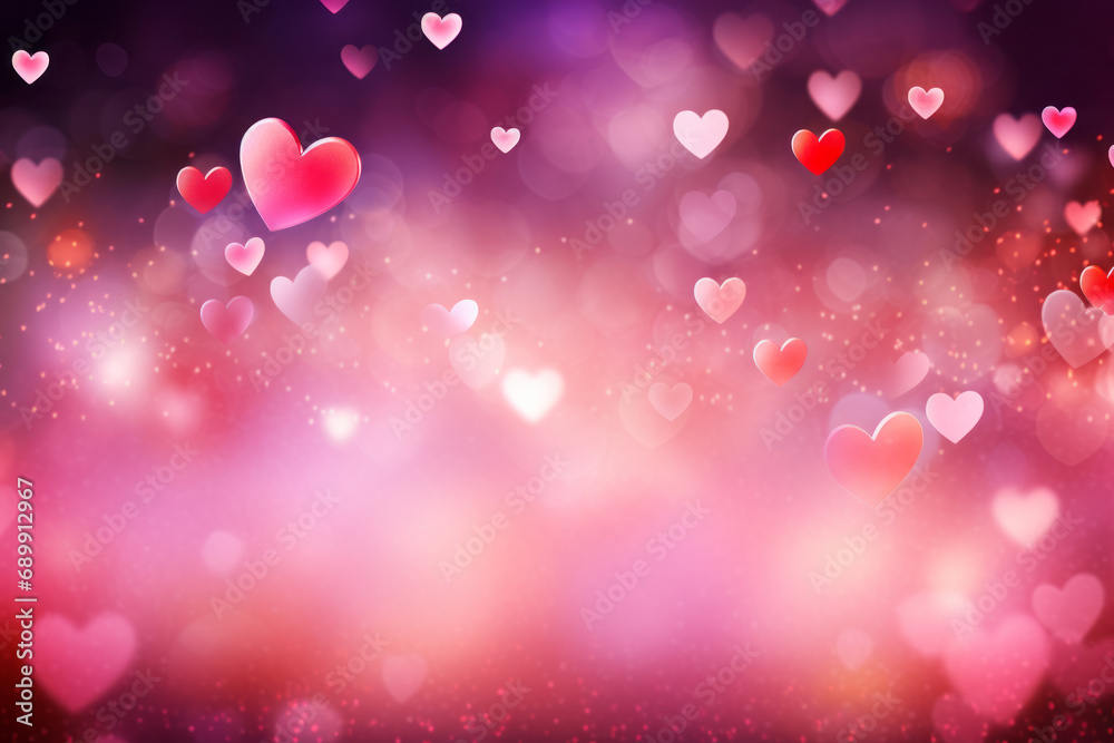Valentine's day background with pink and red hearts, confetti and glittery particles.