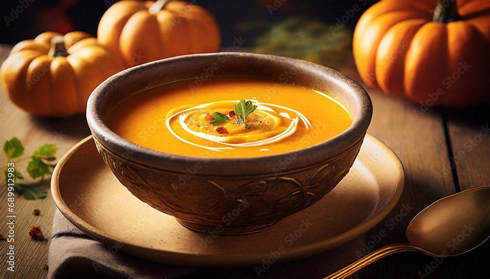 Pumpkin creamy soup served in bowl Pumpkin creamy soup served in bowl