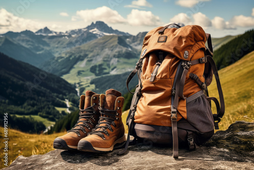 Backpack and leather ankle boots in the mountains on sunny summer day. Hiking equipment. photo
