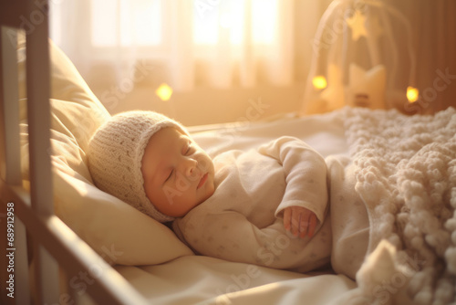 Little baby sleeping wrapped in cozy soft blankets in its bed. Newborn having a nap on sunny morning. Healthy sleep for small children. photo