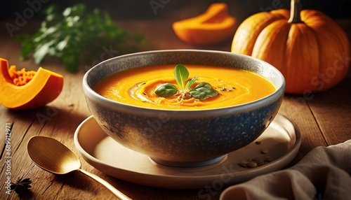 Pumpkin creamy soup served in bowl 