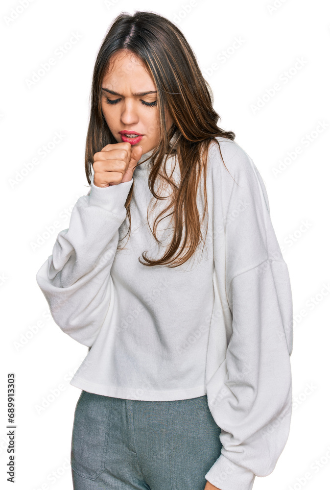 Young brunette woman wearing casual turtleneck sweater feeling unwell and coughing as symptom for cold or bronchitis. health care concept. Young brunette woman wearing casual turtleneck sweater feeling unwell and coughing as symptom for cold or bronchitis. health care concept.