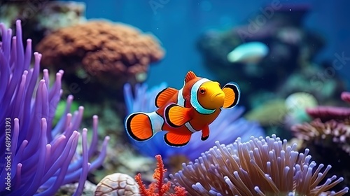 Fish clown in the aquarium is a bright inhabitant of the sea world photo