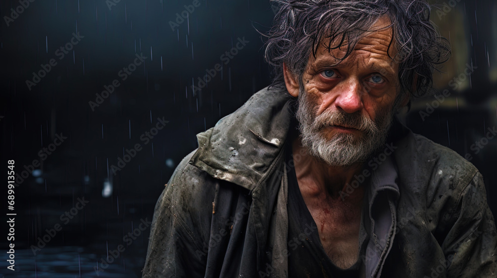 Portrait of a homeless man with worn clothes and shoes
