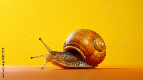 A funny snail on a bright yellow background, as if in a photo studio