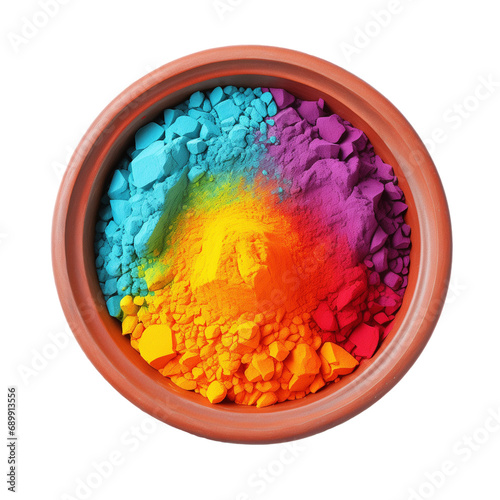 Holi colors or powder in traditional pot isolated on transparent background, top view.Generative AI