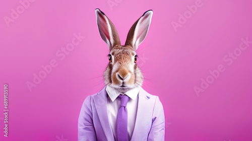 Portrait of a hare in a satin tie in front of a bright lilac background