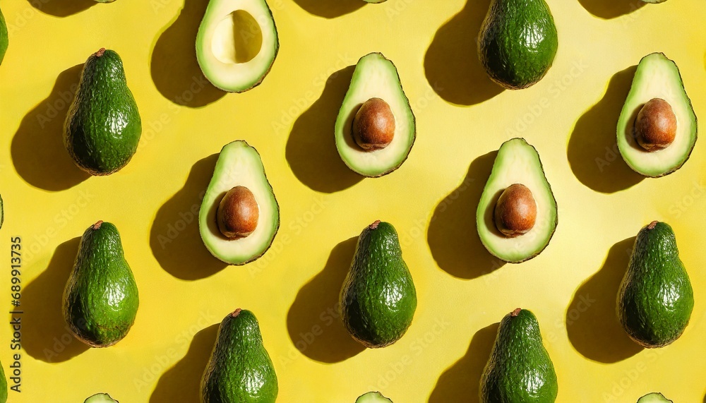 Avocado pattern on yellow background. Top view. Banner. Pop art design, creative summer food Avocado pattern on yellow background. Top view. Banner. Pop art design, creative summer food