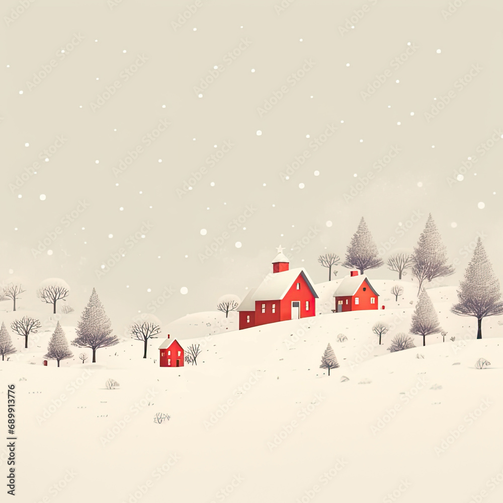 Winter illustration with snow houses and trees