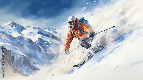 Dynamic watercolor illustration of skiing in snowy mountains