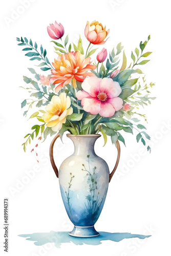 beautiful vase of floral watercolor on transparent background