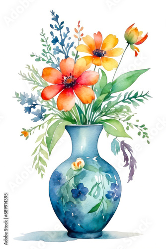 beautiful vase of floral watercolor on white background