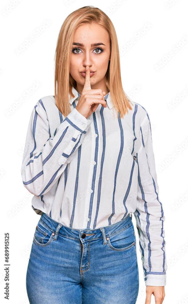 Beautiful caucasian woman wearing casual clothes asking to be quiet with finger on lips. silence and secret concept. Beautiful caucasian woman wearing casual clothes asking to be quiet with finger on lips. silence and secret concept.