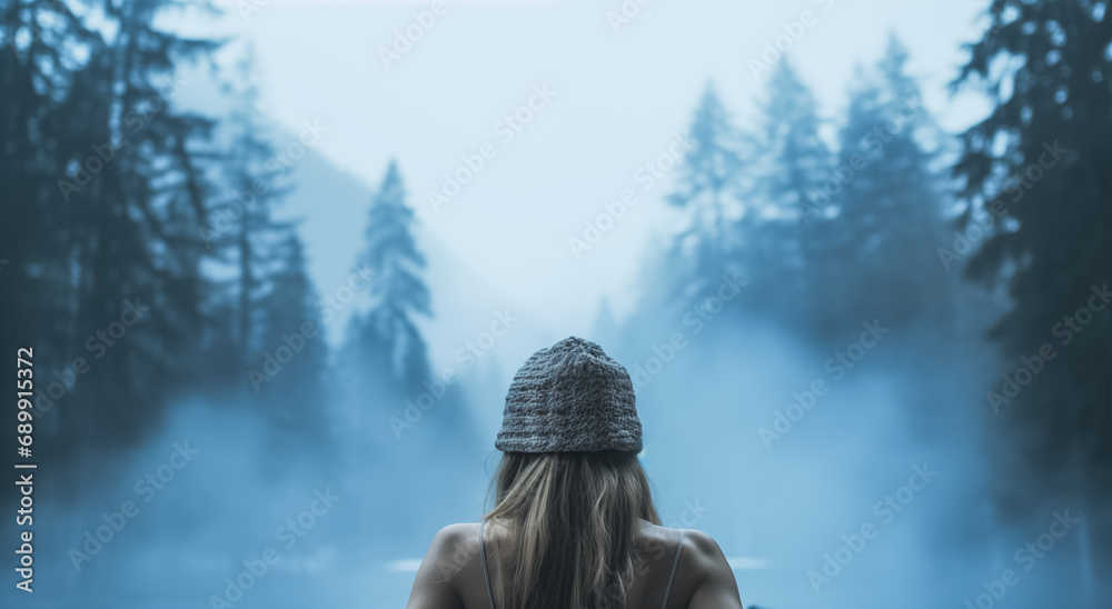 Woman relaxing in hot bath outdoors,  enjoying beautiful view on snowy mountains. Winter holidays in the mountains, hot water treatments concept.  - obrazy, fototapety, plakaty 