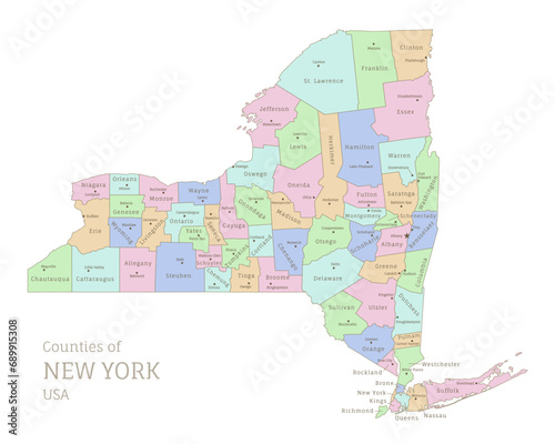 Counties of New York federal state, administrative map of USA. Highly detailed color map of American region with territory borders and counties names labeled vector illustration